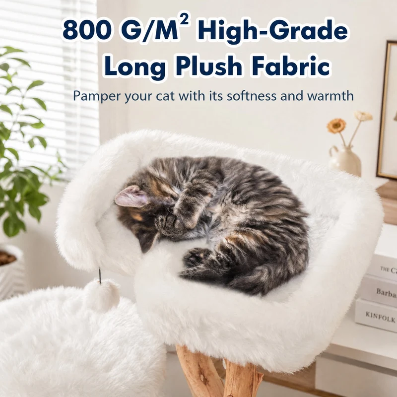SUGIFT 44 Inch Solid Wood Cat Tree with Top Perch Natural Jute Scratching Posts Modern Wooden Cat Tower with Plush Platforms for Large Cats, White