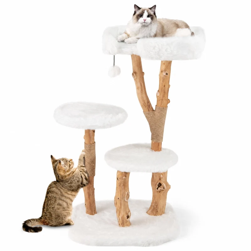 SUGIFT 44 Inch Solid Wood Cat Tree with Top Perch Natural Jute Scratching Posts Modern Wooden Cat Tower with Plush Platforms for Large Cats, White