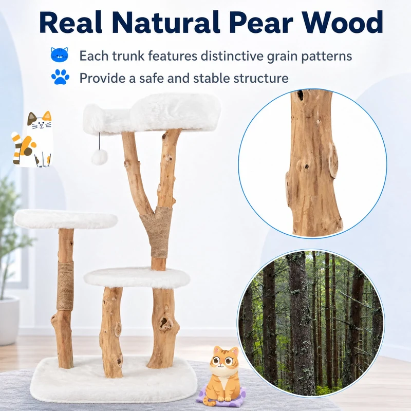 SUGIFT 44 Inch Solid Wood Cat Tree with Top Perch Natural Jute Scratching Posts Modern Wooden Cat Tower with Plush Platforms for Large Cats, White