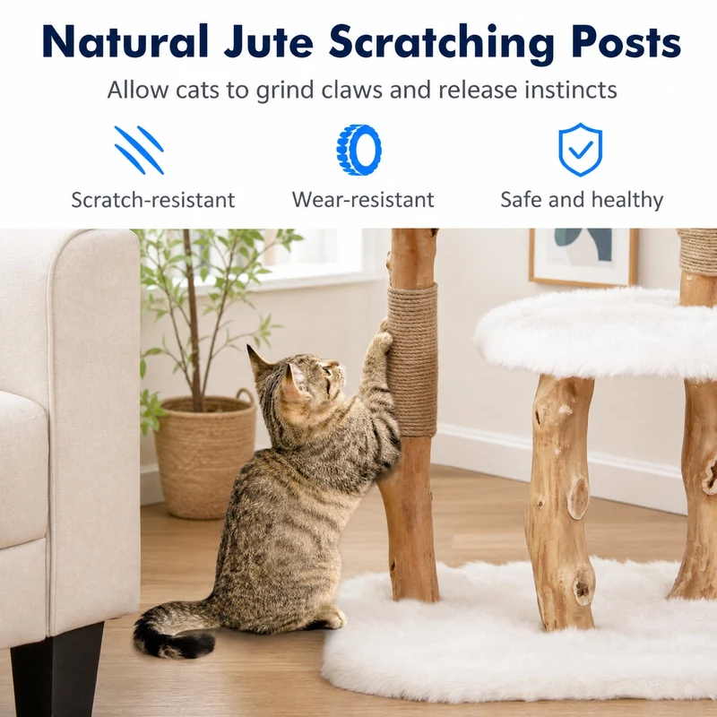 SUGIFT 44 Inch Solid Wood Cat Tree with Top Perch Natural Jute Scratching Posts Modern Wooden Cat Tower with Plush Platforms for Large Cats, White