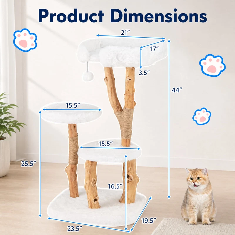SUGIFT 44 Inch Solid Wood Cat Tree with Top Perch Natural Jute Scratching Posts Modern Wooden Cat Tower with Plush Platforms for Large Cats, White