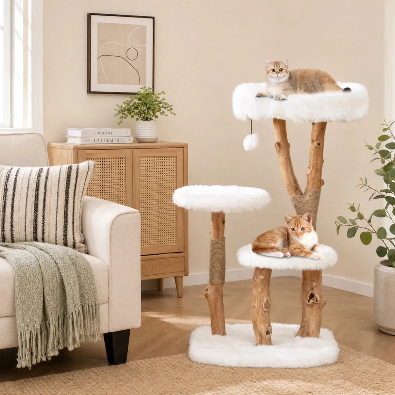SUGIFT 44 Inch Solid Wood Cat Tree with Top Perch Natural Jute Scratching Posts Modern Wooden Cat Tower with Plush Platforms for Large Cats, White