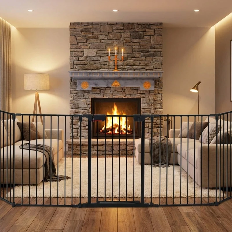 SUGIFT 115 Inch Adjustable Pet Playpen, 5 Panel Steel Pet Fence for Fireplace and Stairs, Freestanding Foldable Dog Enclosure Barrier, Black