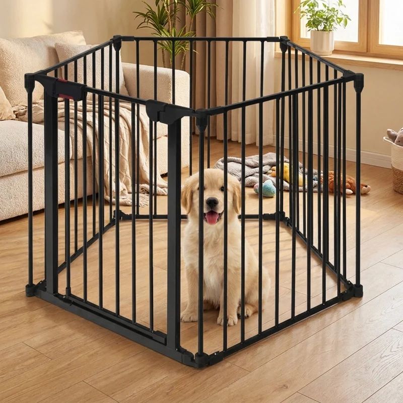 SUGIFT 115 Inch Adjustable Pet Playpen, 5 Panel Steel Pet Fence for Fireplace and Stairs, Freestanding Foldable Dog Enclosure Barrier, Black