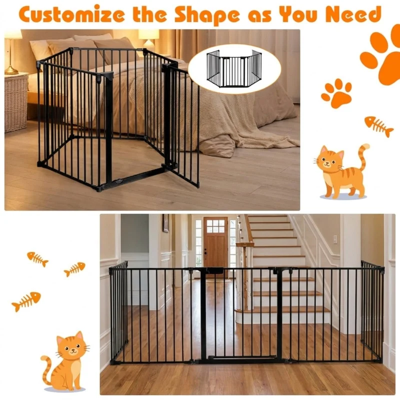 SUGIFT 115 Inch Adjustable Pet Playpen, 5 Panel Steel Pet Fence for Fireplace and Stairs, Freestanding Foldable Dog Enclosure Barrier, Black