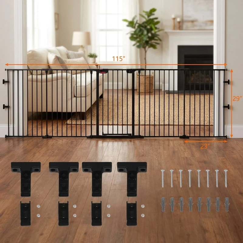 SUGIFT 115 Inch Adjustable Pet Playpen, 5 Panel Steel Pet Fence for Fireplace and Stairs, Freestanding Foldable Dog Enclosure Barrier, Black