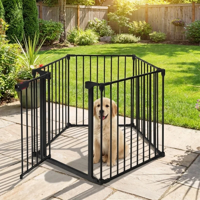 SUGIFT 115 Inch Adjustable Pet Playpen, 5 Panel Steel Pet Fence for Fireplace and Stairs, Freestanding Foldable Dog Enclosure Barrier, Black