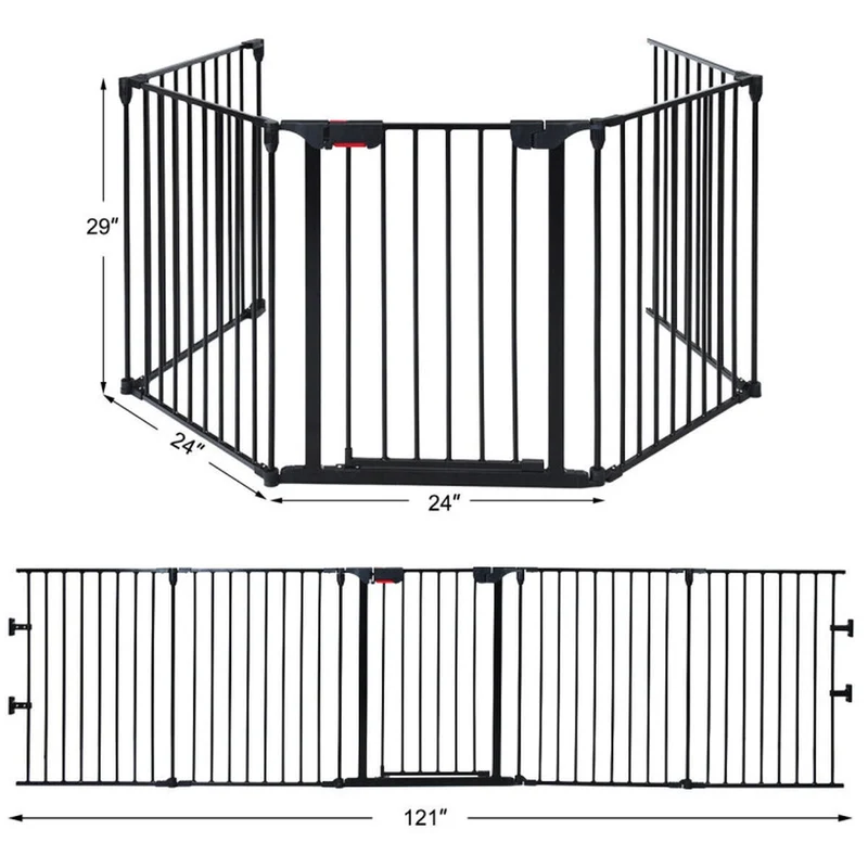 SUGIFT 115 Inch Adjustable Pet Playpen, 5 Panel Steel Pet Fence for Fireplace and Stairs, Freestanding Foldable Dog Enclosure Barrier, Black
