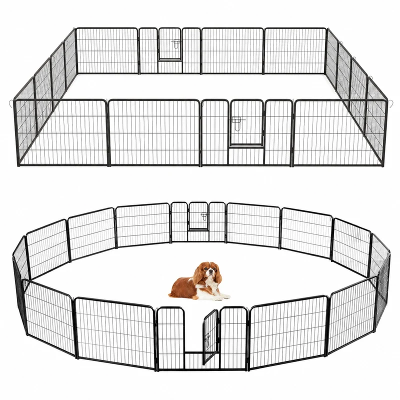 SUGIFT 16 Panel Dog Playpen Indoor Outdoor Metal Pet Playpen with Lockable Door, Adjustable Height Puppy Exercise Fence for Yard, Black
