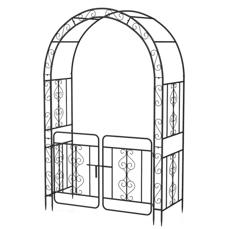 SUGIFT 84 Inch Garden Arbor with Gate and Multiple Side Crossbars, 4 Sharp Ground Stakes, Galvanized Metal Climbing Trellis Rustproof Arch for Garden Backyard Patio Wedding, Black