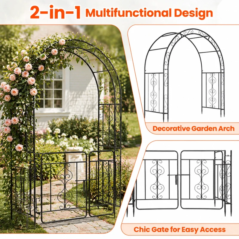 SUGIFT 84 Inch Garden Arbor with Gate and Multiple Side Crossbars, 4 Sharp Ground Stakes, Galvanized Metal Climbing Trellis Rustproof Arch for Garden Backyard Patio Wedding, Black