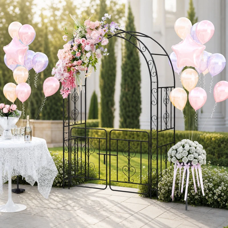 SUGIFT 84 Inch Garden Arbor with Gate and Multiple Side Crossbars, 4 Sharp Ground Stakes, Galvanized Metal Climbing Trellis Rustproof Arch for Garden Backyard Patio Wedding, Black