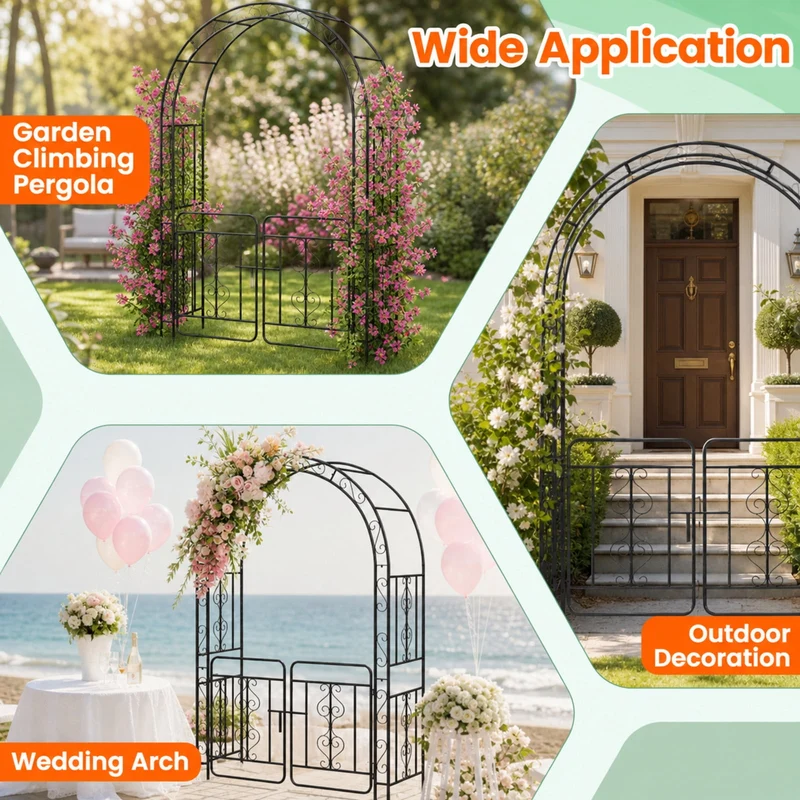 SUGIFT 84 Inch Garden Arbor with Gate and Multiple Side Crossbars, 4 Sharp Ground Stakes, Galvanized Metal Climbing Trellis Rustproof Arch for Garden Backyard Patio Wedding, Black