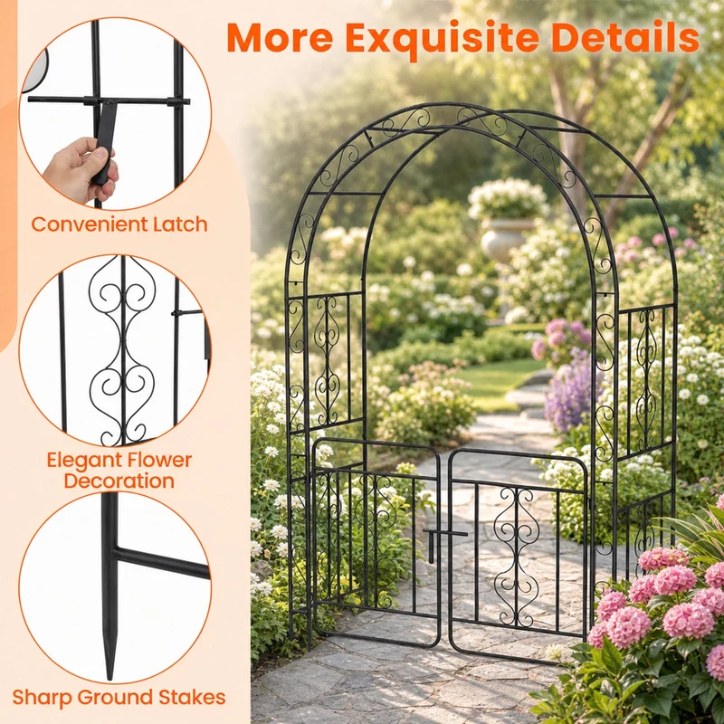 SUGIFT 84 Inch Garden Arbor with Gate and Multiple Side Crossbars, 4 Sharp Ground Stakes, Galvanized Metal Climbing Trellis Rustproof Arch for Garden Backyard Patio Wedding, Black