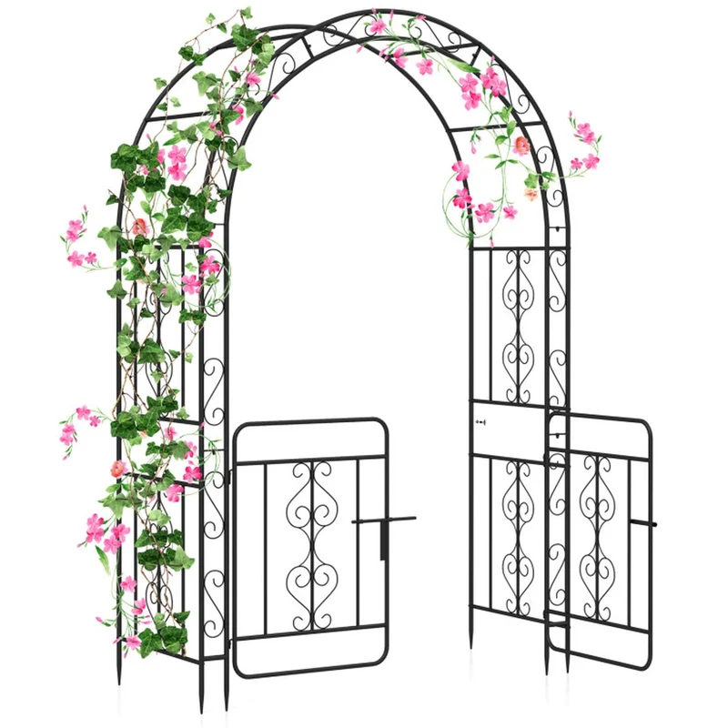 SUGIFT 84 Inch Garden Arbor with Gate and Multiple Side Crossbars, 4 Sharp Ground Stakes, Galvanized Metal Climbing Trellis Rustproof Arch for Garden Backyard Patio Wedding, Black
