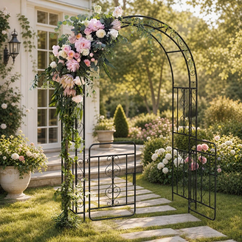 SUGIFT 84 Inch Garden Arbor with Gate and Multiple Side Crossbars, 4 Sharp Ground Stakes, Galvanized Metal Climbing Trellis Rustproof Arch for Garden Backyard Patio Wedding, Black