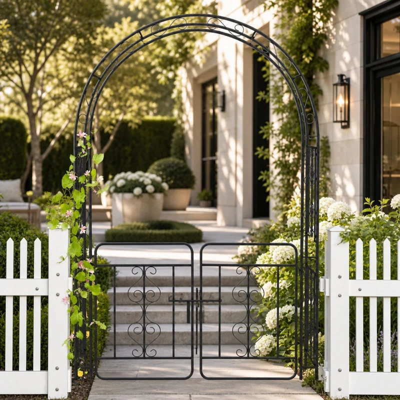 SUGIFT 84 Inch Garden Arbor with Gate and Multiple Side Crossbars, 4 Sharp Ground Stakes, Galvanized Metal Climbing Trellis Rustproof Arch for Garden Backyard Patio Wedding, Black