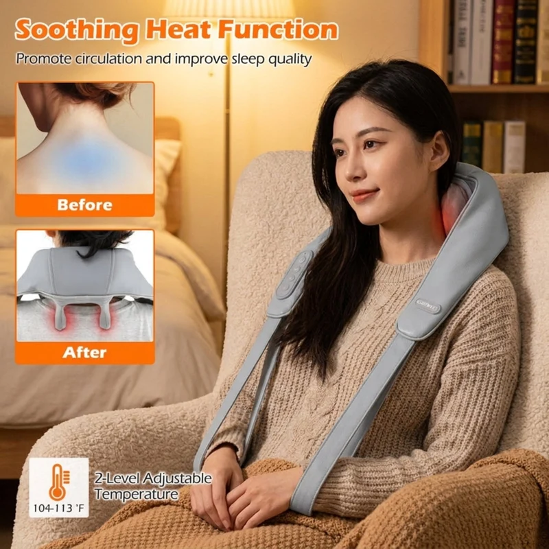 SUGIFT Neck and Shoulder Massager with 4D Deep Kneading Shiatsu Nodes, Cordless Portable Electric Massage Machine for Home Relaxation and Muscle Recovery, Gray