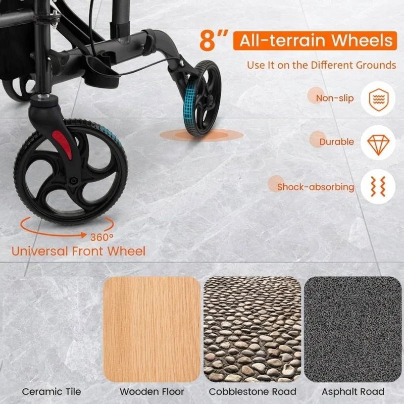 SUGIFT Folding Rollator Walker with Seat and Wheels, Lightweight Aluminum Mobility Walker, Adjustable Height Handles, Locking Brakes, Supports up to 300 lbs for Adults and Seniors, Black