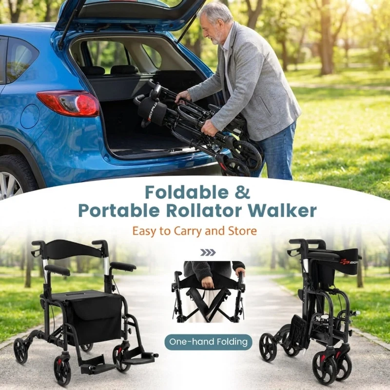 SUGIFT Folding Rollator Walker with Seat and Wheels, Lightweight Aluminum Mobility Walker, Adjustable Height Handles, Locking Brakes, Supports up to 300 lbs for Adults and Seniors, Black