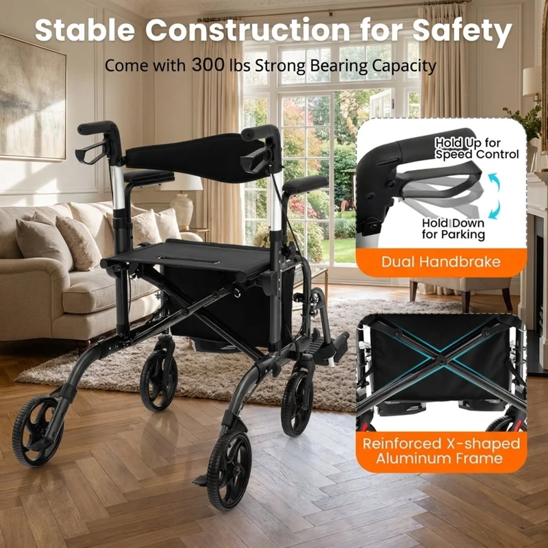 SUGIFT Folding Rollator Walker with Seat and Wheels, Lightweight Aluminum Mobility Walker, Adjustable Height Handles, Locking Brakes, Supports up to 300 lbs for Adults and Seniors, Black
