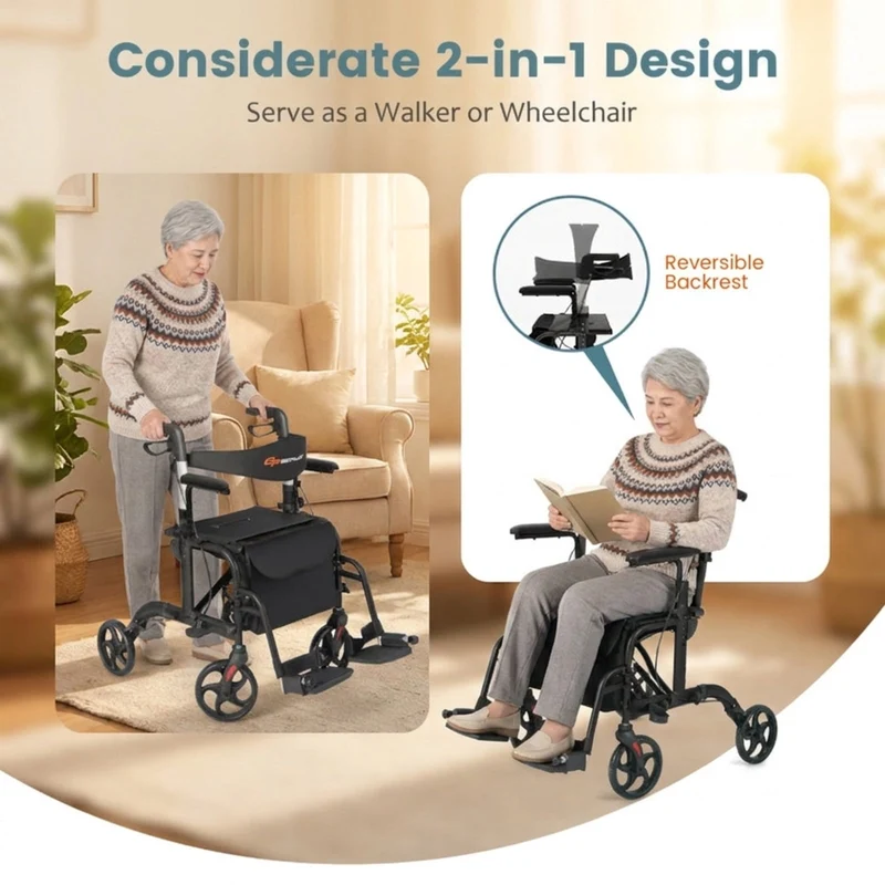 SUGIFT Folding Rollator Walker with Seat and Wheels, Lightweight Aluminum Mobility Walker, Adjustable Height Handles, Locking Brakes, Supports up to 300 lbs for Adults and Seniors, Black