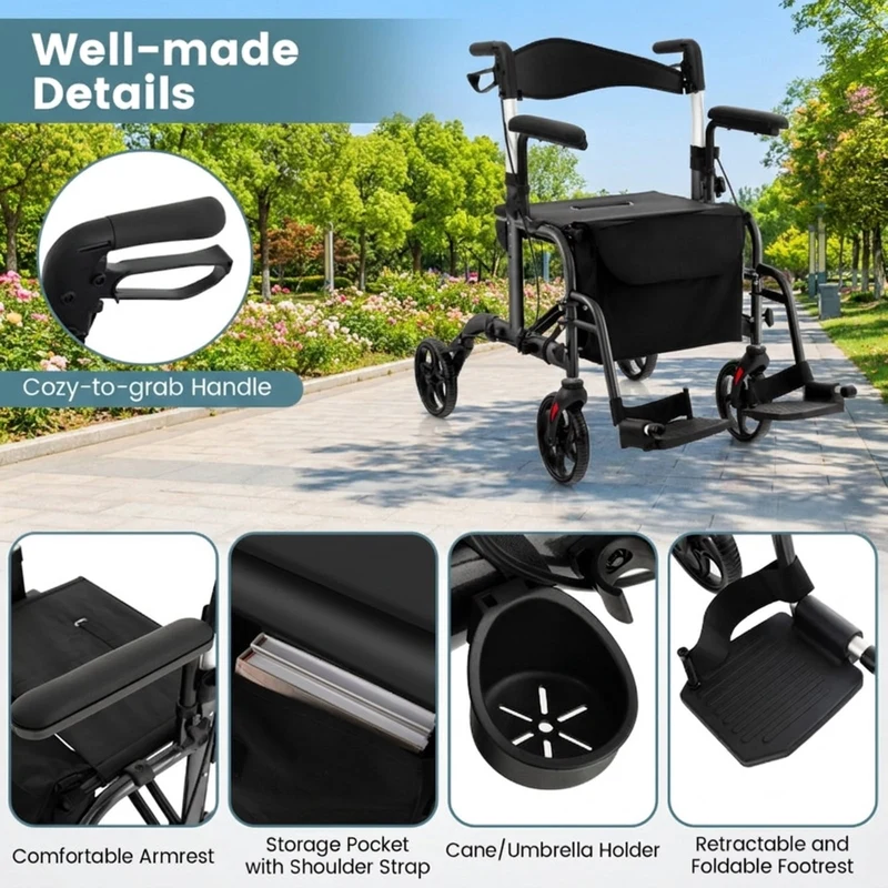 SUGIFT Folding Rollator Walker with Seat and Wheels, Lightweight Aluminum Mobility Walker, Adjustable Height Handles, Locking Brakes, Supports up to 300 lbs for Adults and Seniors, Black