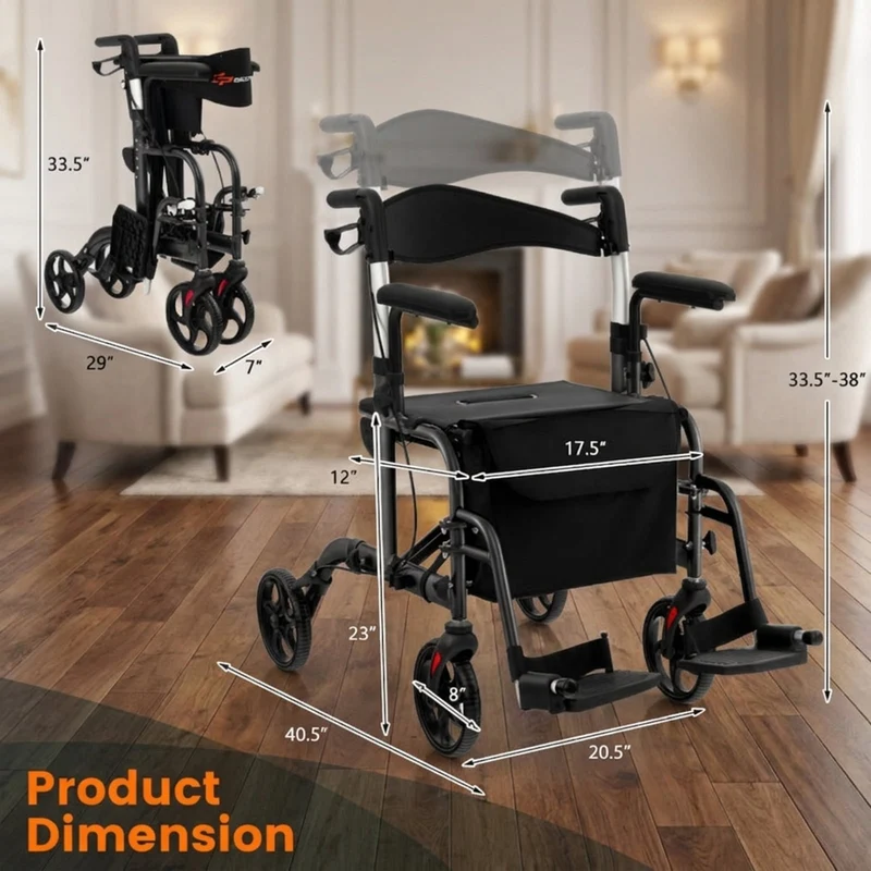 SUGIFT Folding Rollator Walker with Seat and Wheels, Lightweight Aluminum Mobility Walker, Adjustable Height Handles, Locking Brakes, Supports up to 300 lbs for Adults and Seniors, Black