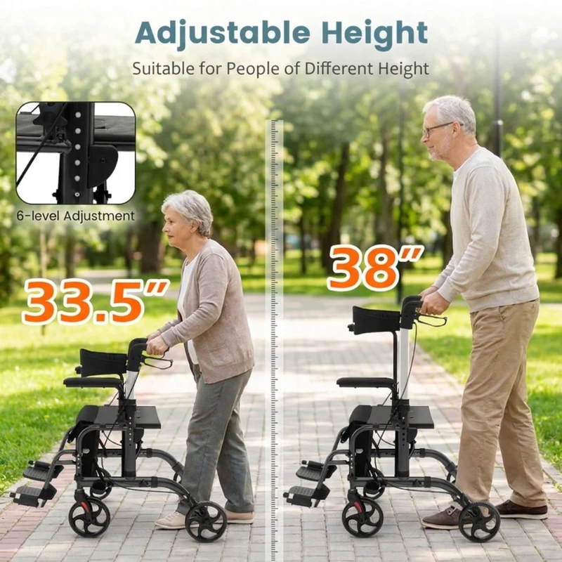 SUGIFT Folding Rollator Walker with Seat and Wheels, Lightweight Aluminum Mobility Walker, Adjustable Height Handles, Locking Brakes, Supports up to 300 lbs for Adults and Seniors, Black