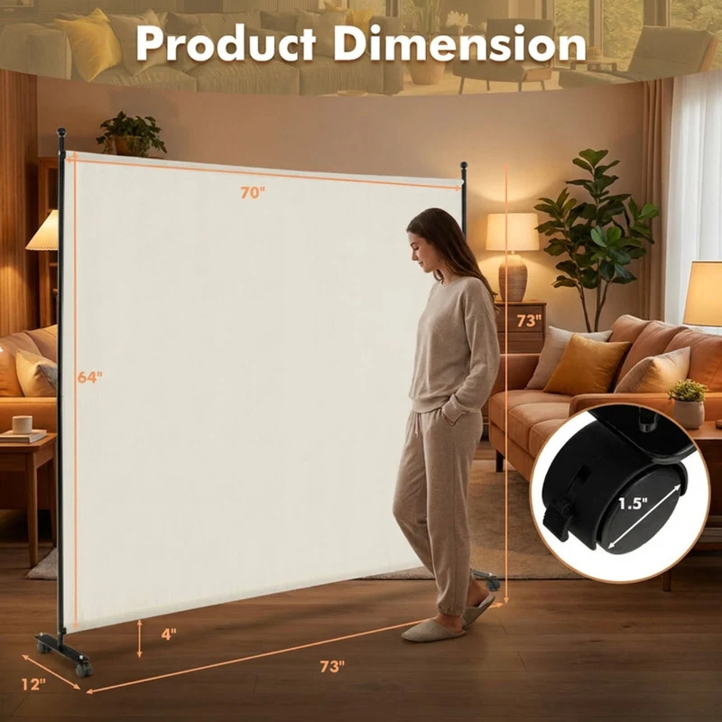 SUGIFT 6 Feet Single Panel Rolling Room Divider, Freestanding Opaque Privacy Screen on 4 Lockable Wheels, Wear Resistant Partition for Home Office Bedroom Living Room, White