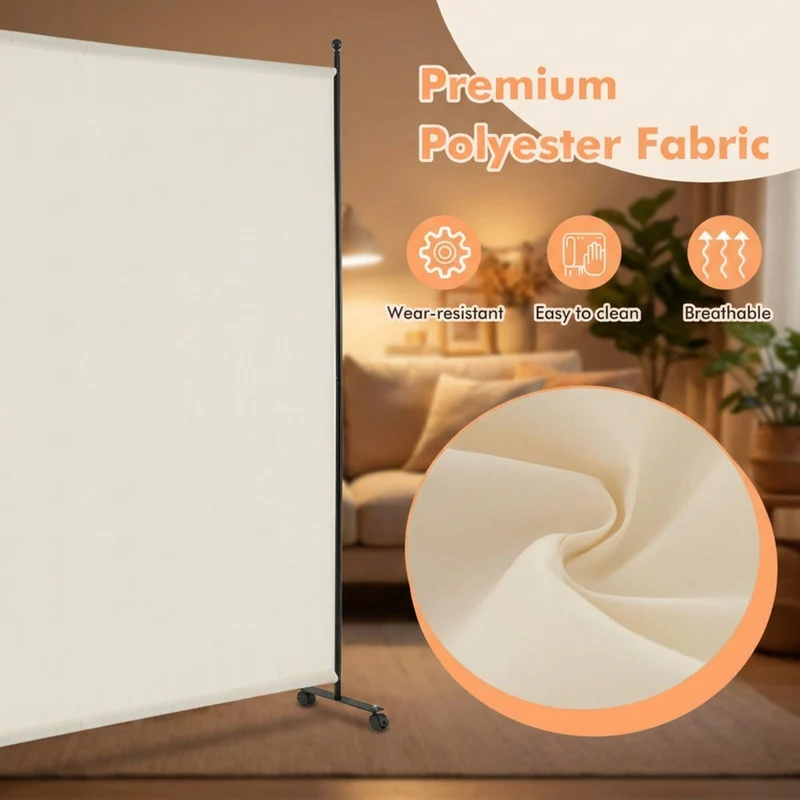 SUGIFT 6 Feet Single Panel Rolling Room Divider, Freestanding Opaque Privacy Screen on 4 Lockable Wheels, Wear Resistant Partition for Home Office Bedroom Living Room, White