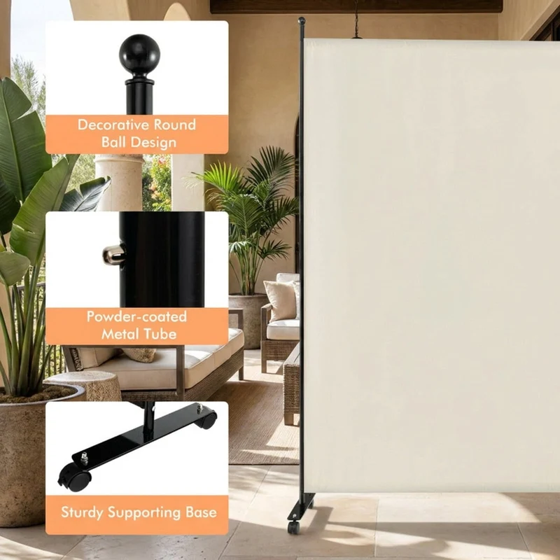 SUGIFT 6 Feet Single Panel Rolling Room Divider, Freestanding Opaque Privacy Screen on 4 Lockable Wheels, Wear Resistant Partition for Home Office Bedroom Living Room, White