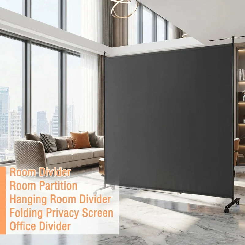 SUGIFT 6 Feet Single Panel Rolling Room Divider, Freestanding Privacy Screen with 4 Lockable Universal Wheels, Opaque Wear Resistant Partition for Home Office Bedroom, Dark Gray