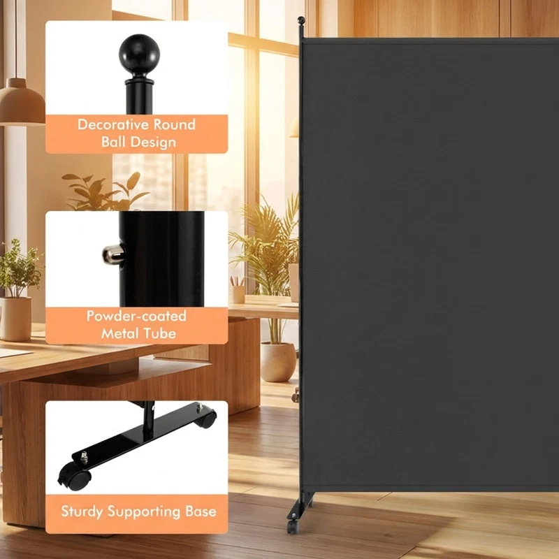 SUGIFT 6 Feet Single Panel Rolling Room Divider, Freestanding Privacy Screen with 4 Lockable Universal Wheels, Opaque Wear Resistant Partition for Home Office Bedroom, Dark Gray