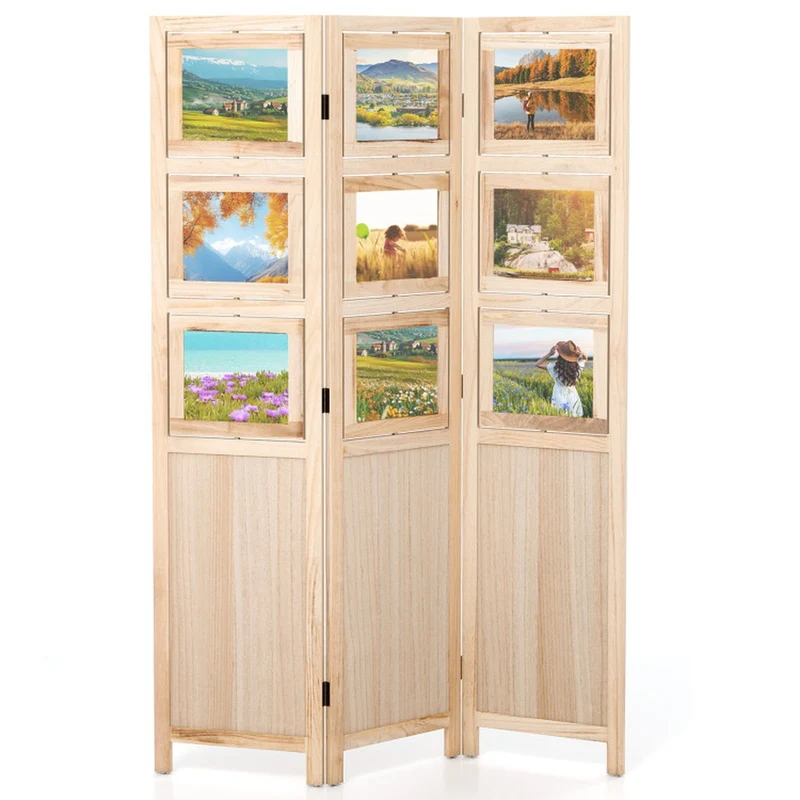 SUGIFT 3 Panel Folding Privacy Screen Room Divider with 9 Swivel Paulownia Wood Photo Frames Portable Partition with Foot Pads for Home Office Living Room, Natural