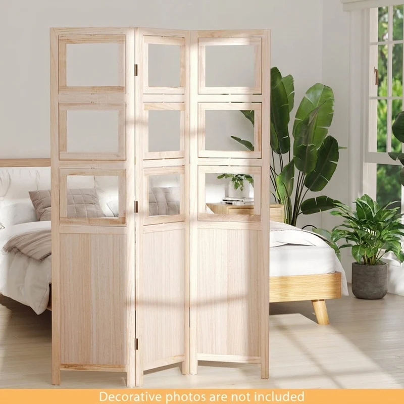 SUGIFT 3 Panel Folding Privacy Screen Room Divider with 9 Swivel Paulownia Wood Photo Frames Portable Partition with Foot Pads for Home Office Living Room, Natural