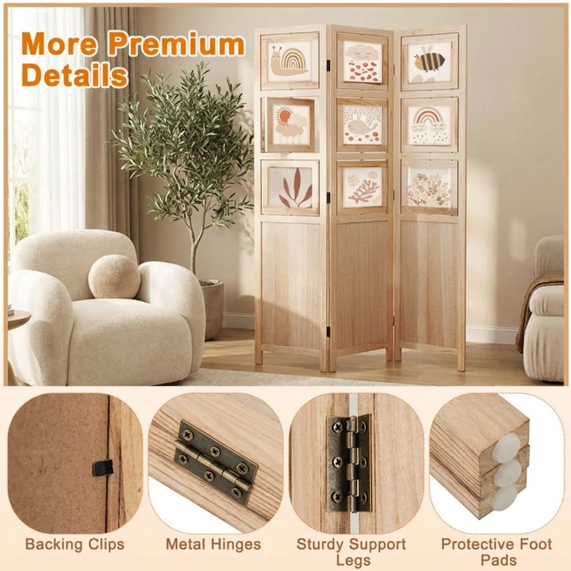 SUGIFT 3 Panel Folding Privacy Screen Room Divider with 9 Swivel Paulownia Wood Photo Frames Portable Partition with Foot Pads for Home Office Living Room, Natural