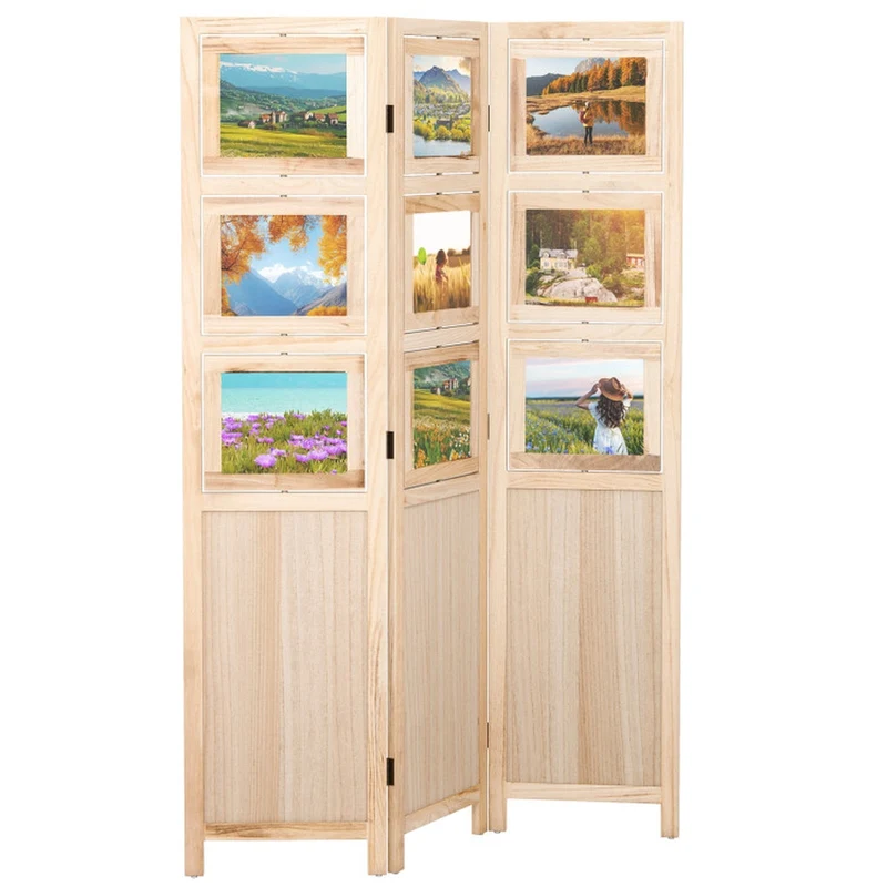 SUGIFT 3 Panel Folding Privacy Screen Room Divider with 9 Swivel Paulownia Wood Photo Frames Portable Partition with Foot Pads for Home Office Living Room, Natural