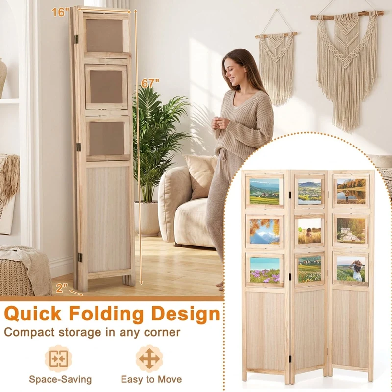 SUGIFT 3 Panel Folding Privacy Screen Room Divider with 9 Swivel Paulownia Wood Photo Frames Portable Partition with Foot Pads for Home Office Living Room, Natural