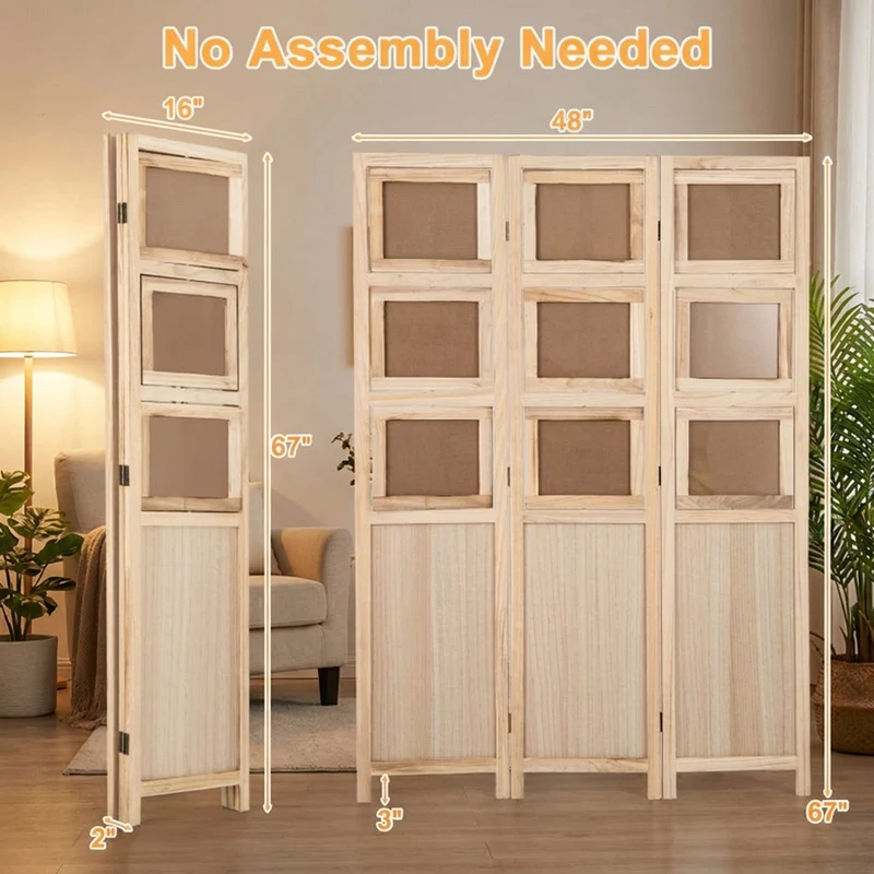 SUGIFT 3 Panel Folding Privacy Screen Room Divider with 9 Swivel Paulownia Wood Photo Frames Portable Partition with Foot Pads for Home Office Living Room, Natural