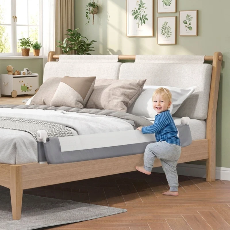 SUGIFT 60 Inch Foldable Bed Side Rails Swing Down Guard with Waterproof Oxford Cloth PP Cotton Padding Breathable Mesh T Shaped Legs and Adjustable Safety Strap, Grey
