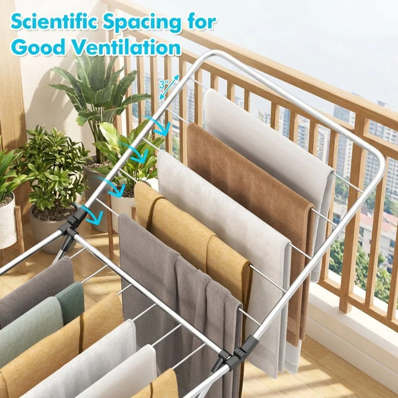 SUGIFT Folding Clothes Drying Rack Freestanding Aluminum Laundry Dryer Stand with Adjustable Wings and Anti Slip Foot Pads for Indoor and Outdoor Use, Silver