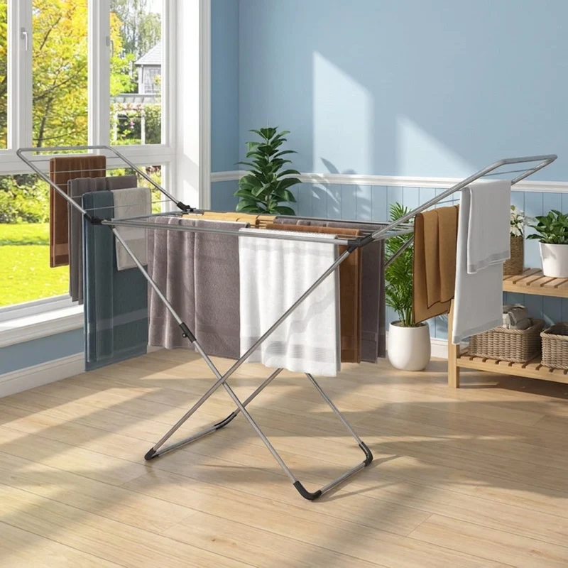 SUGIFT Folding Clothes Drying Rack Freestanding Aluminum Laundry Dryer Stand with Adjustable Wings and Anti Slip Foot Pads for Indoor and Outdoor Use, Silver