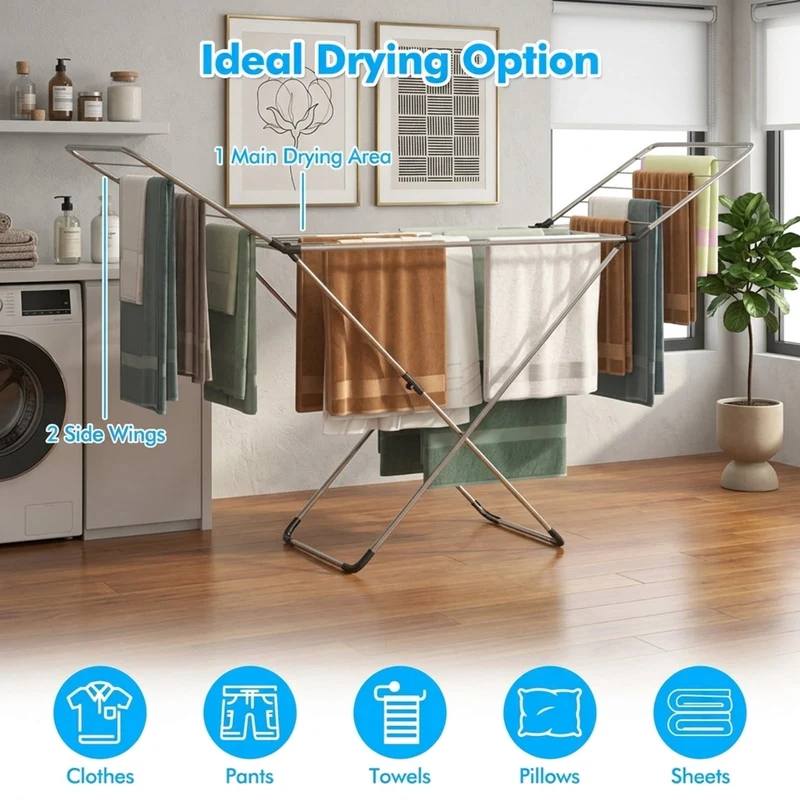 SUGIFT Folding Clothes Drying Rack Freestanding Aluminum Laundry Dryer Stand with Adjustable Wings and Anti Slip Foot Pads for Indoor and Outdoor Use, Silver