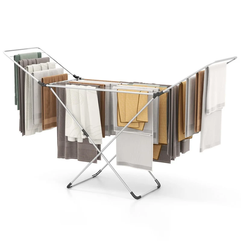 SUGIFT Folding Clothes Drying Rack Freestanding Aluminum Laundry Dryer Stand with Adjustable Wings and Anti Slip Foot Pads for Indoor and Outdoor Use, Silver