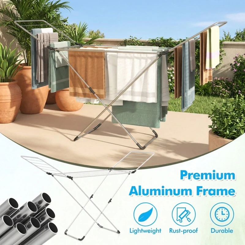 SUGIFT Folding Clothes Drying Rack Freestanding Aluminum Laundry Dryer Stand with Adjustable Wings and Anti Slip Foot Pads for Indoor and Outdoor Use, Silver