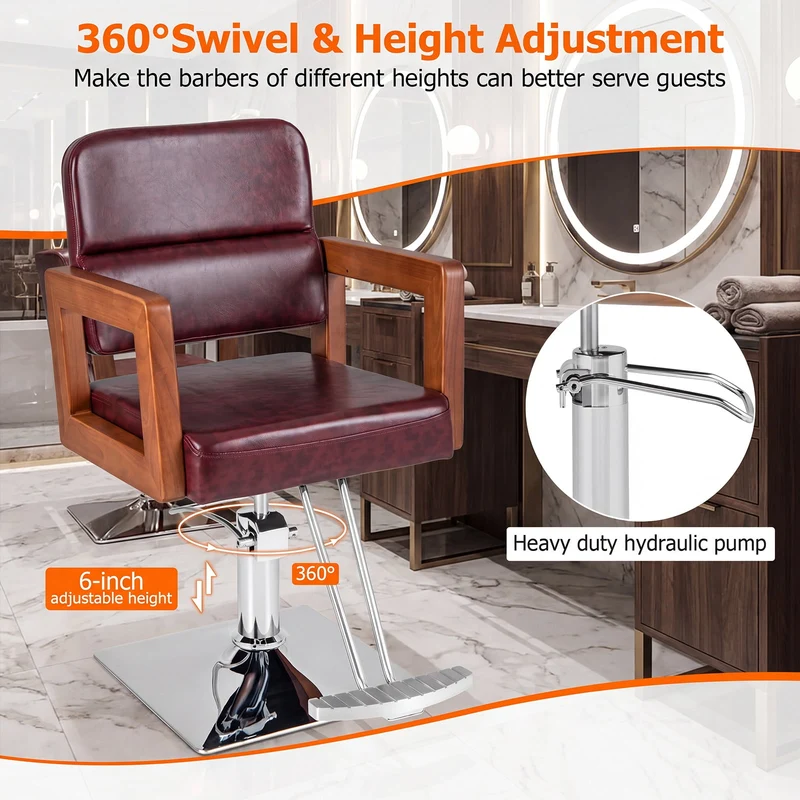 SUGIFT Hydraulic Barber Chair with 360 Degree Swivel, Adjustable Height Salon Styling Chair for Hair Stylist, Padded Comfort Seat with Footrest, Supports 330 lbs, Red