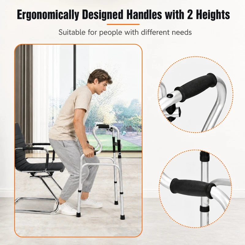 SUGIFT One Button Folding Walker, Lightweight Aluminum Walking Frame with Adjustable Height for Seniors, Compact Foldable Mobility Walker for Home and Travel, Silver