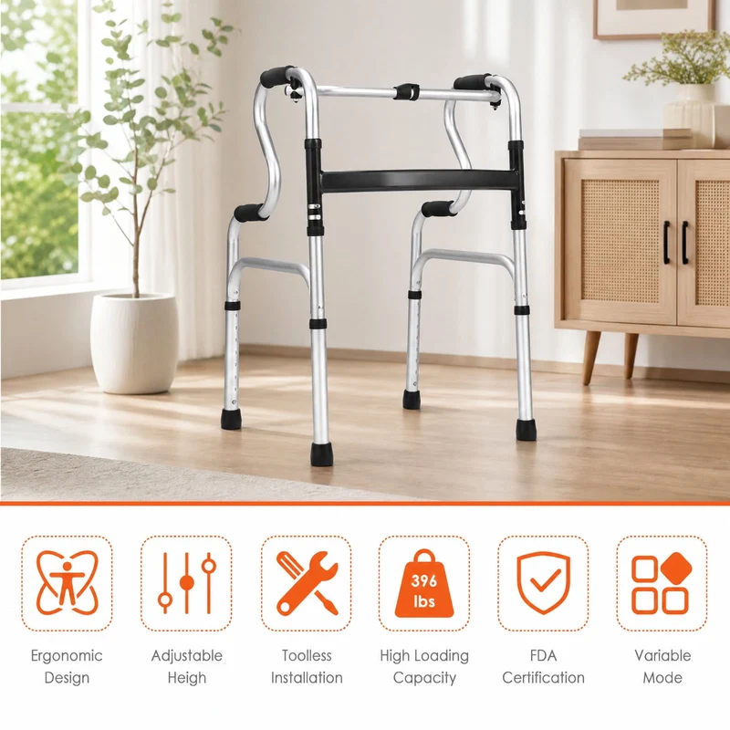 SUGIFT One Button Folding Walker, Lightweight Aluminum Walking Frame with Adjustable Height for Seniors, Compact Foldable Mobility Walker for Home and Travel, Silver