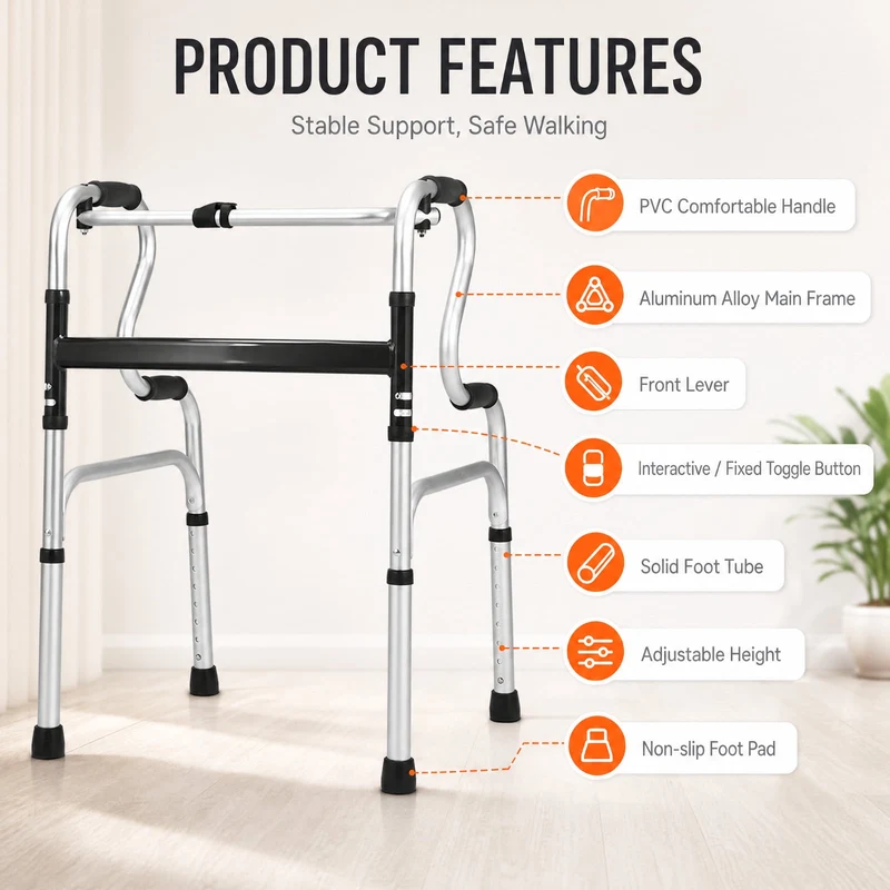 SUGIFT One Button Folding Walker, Lightweight Aluminum Walking Frame with Adjustable Height for Seniors, Compact Foldable Mobility Walker for Home and Travel, Silver
